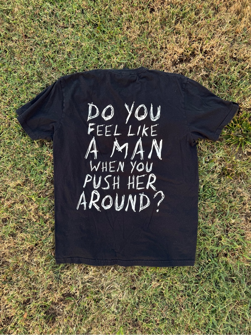Gildan Black Graphic Tee with White Text Back Print